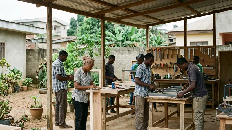Artisans and technicians working on fabrication inside a cooperative workshop.