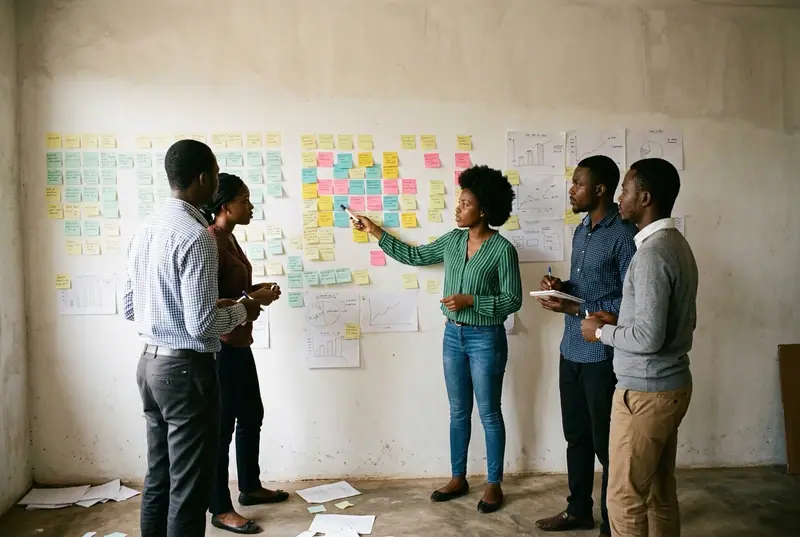 Startup founders mapping a venture on a wall during a cohort working session.