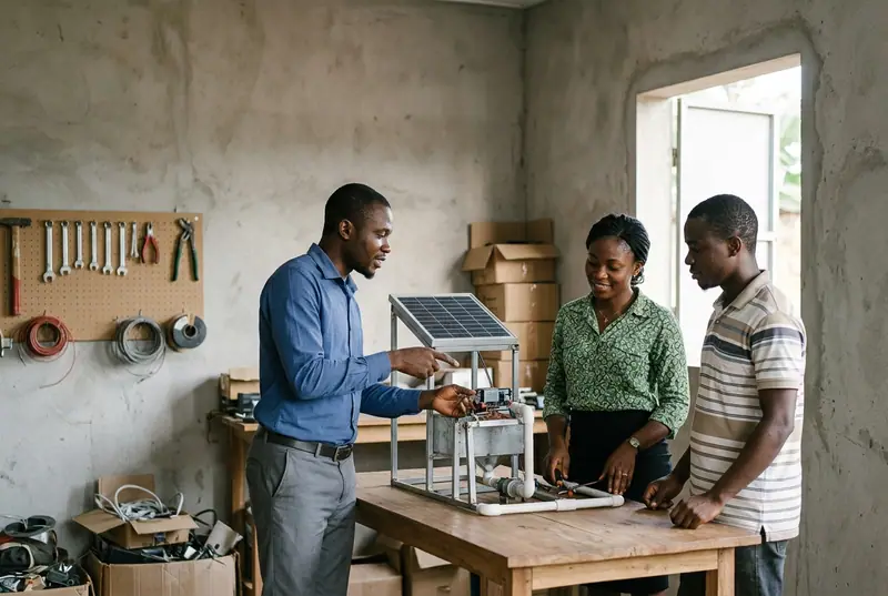 The founder team in their workshop developing early-stage technology in Yaoundé.