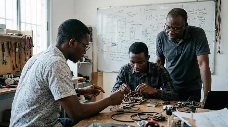 Cameroonian student founders testing a hardware prototype on a workbench with a mentor in Yaoundé.
